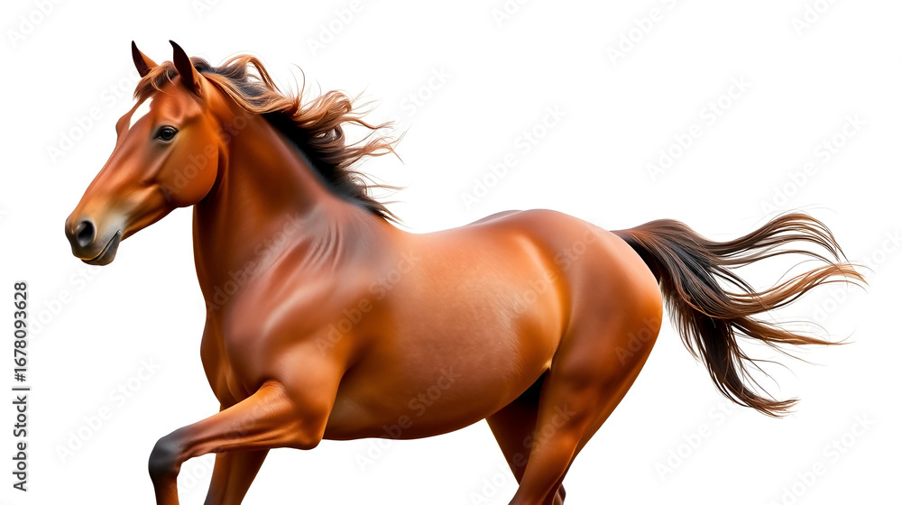 Naklejka premium Elegant brown horse in motion with flowing mane and tail, isolated on transparent background. Perfect for equestrian and animal-themed imagery.