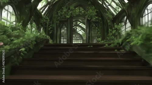 Enchanting Botanical Staircase Greenery  Blossoms Adorn Historic Architecture.