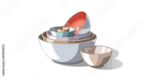 A stack of bowls of different sizes, colors, and depths, arranged in a nested composition.