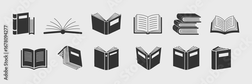 A comprehensive set of monochrome book icons in various perspectives, including open, closed, and stacked designs for educational or literary projects