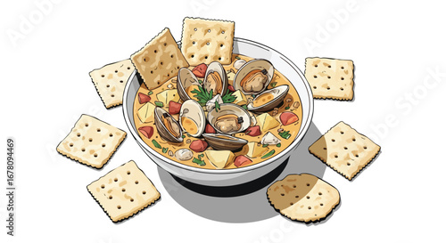 Clam chowder in a bowl with saltine crackers around it, illustration.