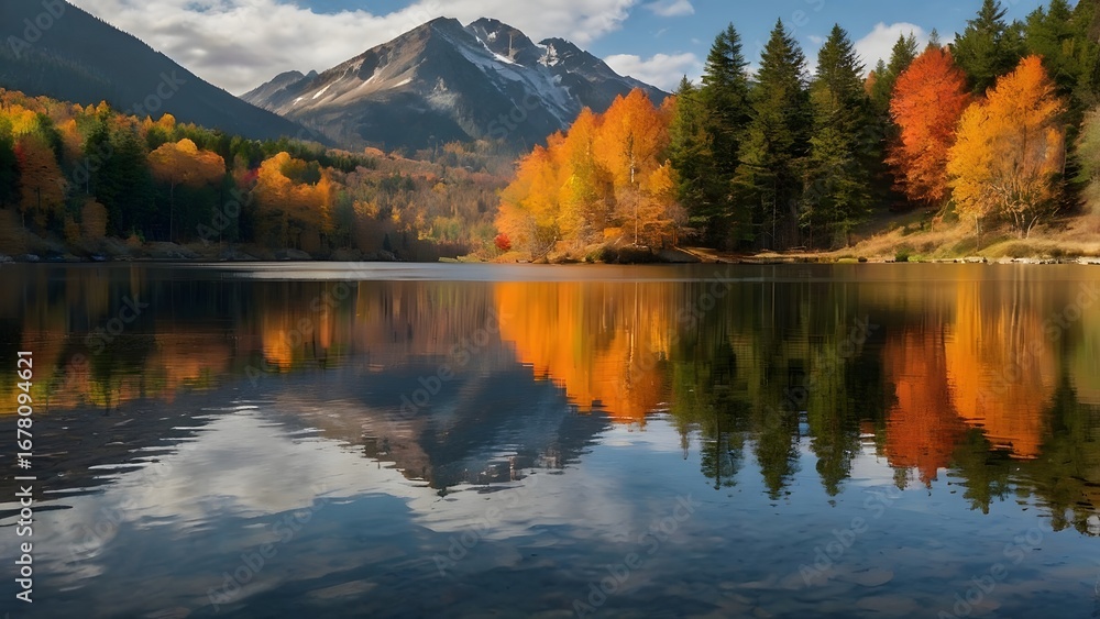 Fototapeta premium Serene mountain lake reflecting autumn trees and snow capped peaks