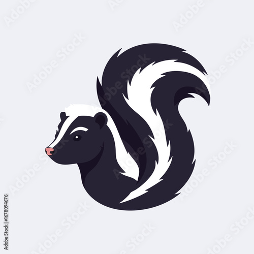 Cartoon illustration of a skunk with black and white stripes and a fluffy tail.