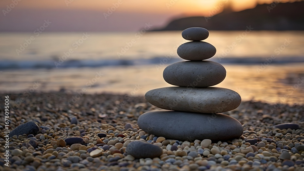 Fototapeta premium Zen balanced stones stacked on a pebble beach at sunset with ocean waves