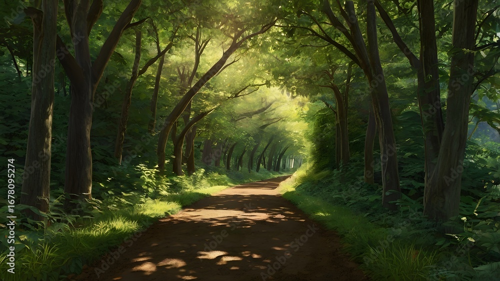 Fototapeta premium Sunlight filters through a lush green forest canopy onto a winding dirt path