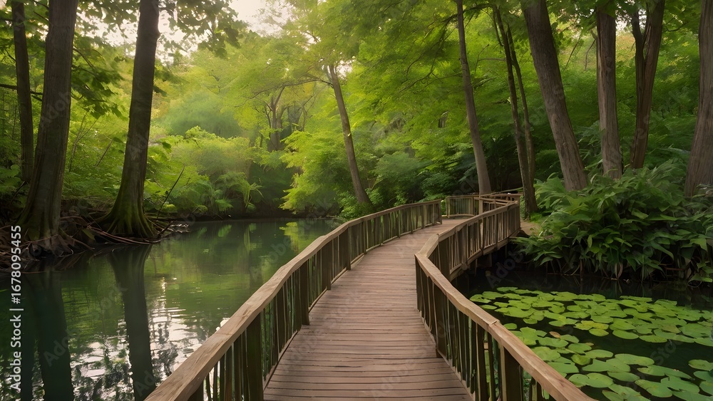 Obraz premium Curving wooden boardwalk bridge over a tranquil forest pond with lush green trees and lily pads