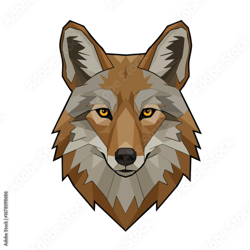 Geometric coyote head illustration with a modern, polygonal design on a white background.