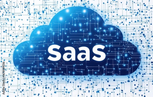 Digital marketing concept with SaaS text on blue cloud and circuit board background. Illustration for software as a service, technology advertising, online business promotion, social media campaign,
