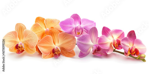 orange and purple orchids on white background
