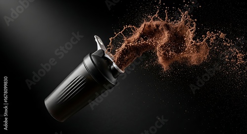 Protein shake exploding from a black shaker bottle against a dark background in a dynamic and energetic composition