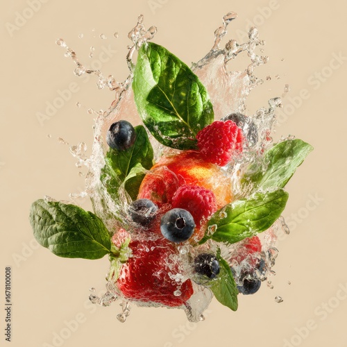 healthy fruit and foliage immersed in clear liquid splash