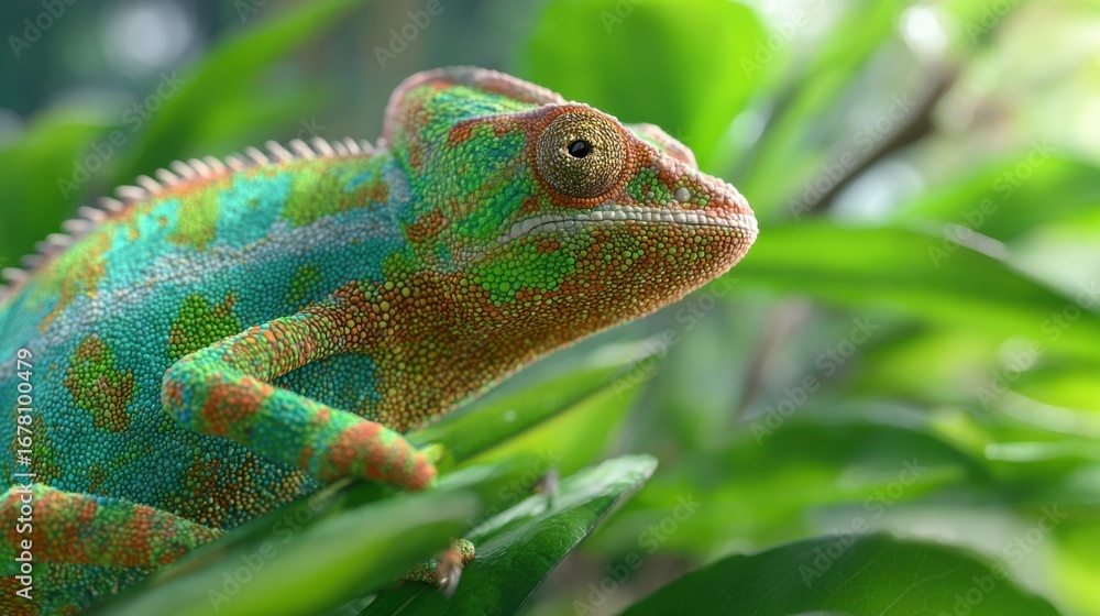 Fototapeta premium Vibrant Colorful Chameleon Blending into Natural Habitat Displaying Incredible Camouflage and Unique Patterns Among Green Foliage and Sunlight