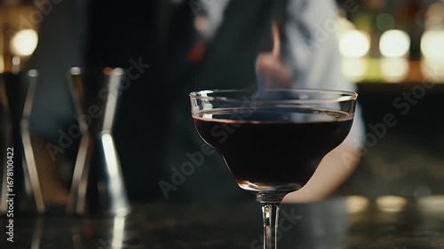 Wallpaper Mural Close Up Cocktail Preparation Dark Liquid in Coupe Glass on Bar Surface with Bartender and Mixing Tools Creates Professional Ambiance Perfect for Drink Photography and Nightlife Ads Torontodigital.ca