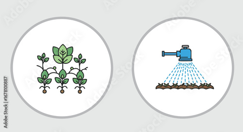Agriculture and irrigation icons: plants and watering system in a circle.