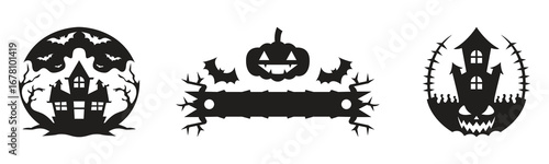 Haunted halloween house with pumpkin silhouette vector collection illustration