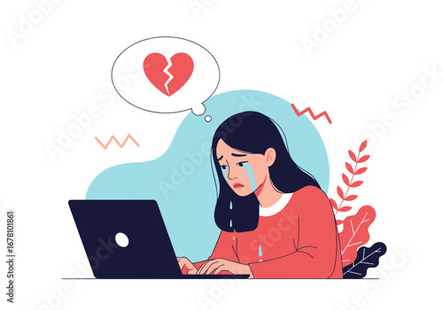 Young woman feeling heartbreak and sadness while using laptop experiencing online relationship problems and emotional distress over broken heart symbol above her head