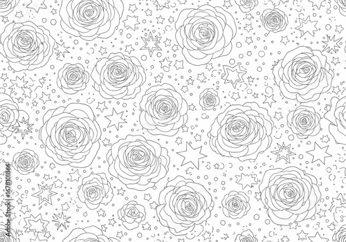 Enchanting celestial rose garden a whimsical doodle of stars and blooming flowers in a dreamlike pattern