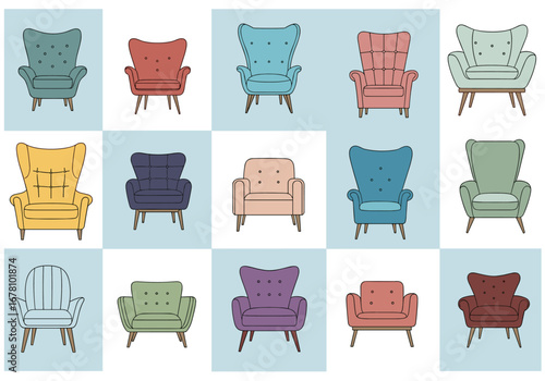 A colorful collection of cozy wingback chairs and armchairs displayed in a grid pattern