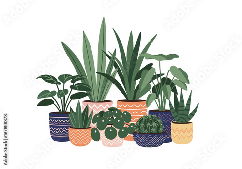 A diverse collection of vibrant indoor plants in decorative pots arranged together creating a lush green display of homegrown botanical beauty