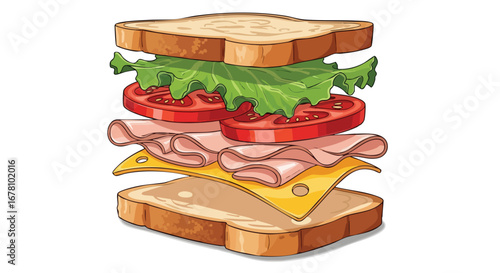 Cartoon illustration of a delicious open sandwich with ham, cheese, tomato and lettuce.