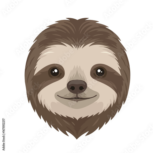 A cute sloth face with brown fur, big eyes, and a gentle smile.