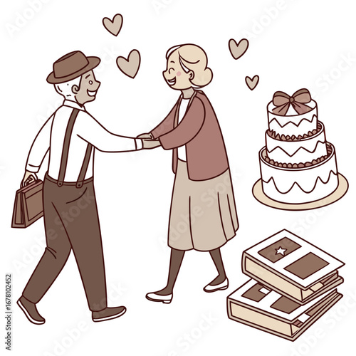Heartwarming illustration of a senior couple celebrating their anniversary, cherishing a lifetime of love and memories together
