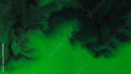 Ink spill. Acrylic pigment. Defocused dark black stains spreading on green color chemical particles on abstract creative background.