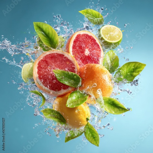 juicy fruits with green leaves in clean water explosion