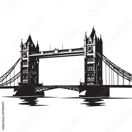 Silhouette illustration of the iconic Tower Bridge in London, England, with water reflections.