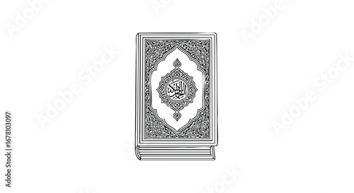 Ornate silver Quran with Arabic calligraphy on a stand, isolated on white.