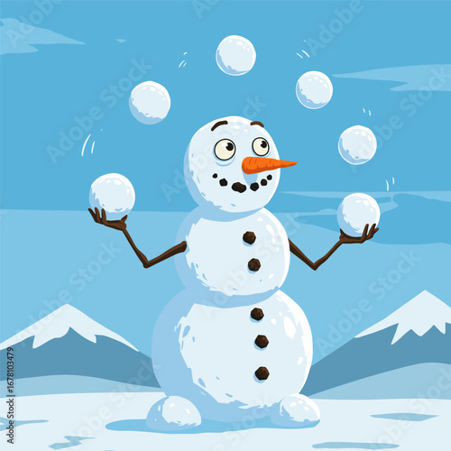 Juggling snowman with stick arms and a carrot nose performs in a snowy mountain scene, full of winter whimsy.