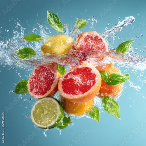 juicy fruits with green leaves in clean water explosion