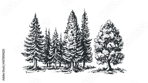 Sketchy Forest of Pine Trees with a Single Deciduous Tree. Vector hand drawn illustration