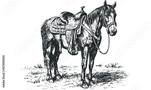 Detailed Ink Sketch of a Saddle Horse Standing in Grass. Vector hand drawn illustration