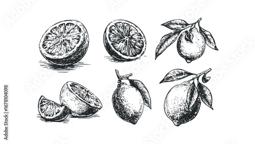 Sketchy Citrus Fruits and Slices Hand-Drawn on Transparent Background. Vector hand drawn illustration