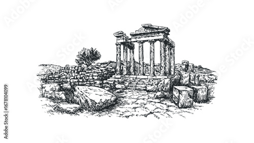 Sketch of ancient stone temple ruins with a lone tree on a hillside. Vector hand drawn illustration