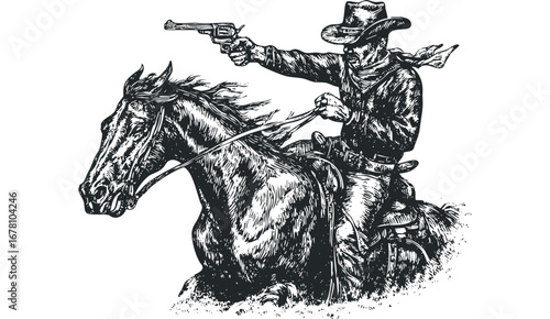 Horseback Cowboy Aims Revolver in Western Gunfight Sketch. Vector hand drawn illustration