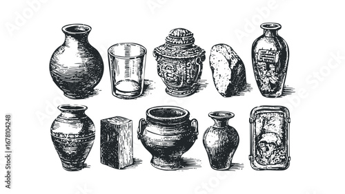 Collection of antique pottery vessels and stone objects. Vector hand drawn illustration