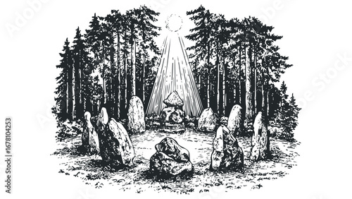 Stone circle ceremony in a pine forest under a sunbeam. Vector hand drawn illustration
