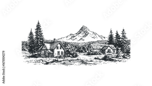 Vintage sketch of secluded cabins nestled amidst trees with a majestic mountain vista. Vector hand drawn illustration