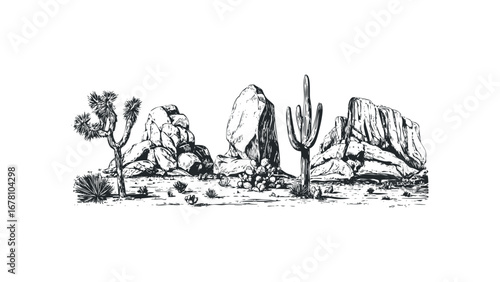 Desert Landscape with Joshua Trees and Cacti. Vector hand drawn illustration