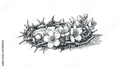Detailed sketch of a crown of thorns with delicate blossoms on a transparent background. Vector hand drawn illustration