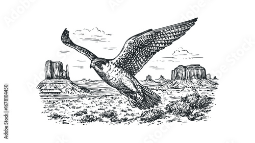 Sketch of a raptor soaring over a desert landscape with mesas. Vector hand drawn illustration
