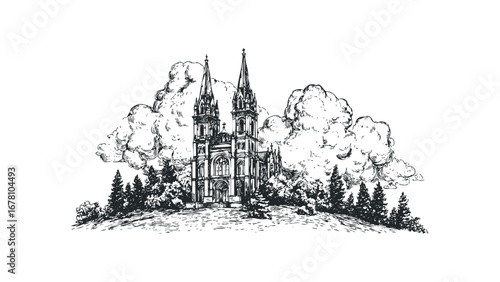 Ink sketch of a grand gothic cathedral with twin spires surrounded by trees and dramatic clouds. Vector hand drawn illustration