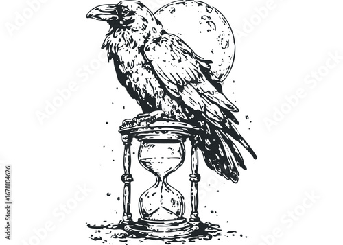 Gothic Raven Perched on Antique Hourglass with Moon. Vector hand drawn illustration