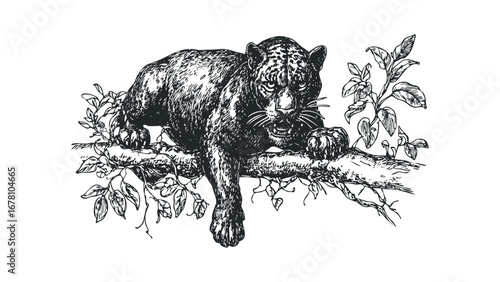 Intense jaguar perched on a thick tree branch with lush foliage. Vector hand drawn illustration