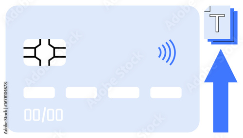 Contactless credit card with chip and NFC signal, upward arrow indicating data transfer, and stacked text blocks. Ideal for technology, payments, financial services, mobility, innovation, security