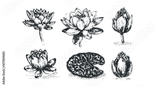Collection of vintage water lily drawings in black and white ink. Vector hand drawn illustration