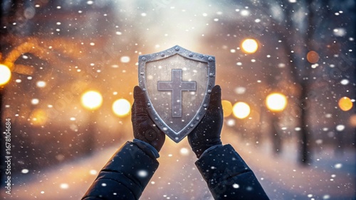 Cybersecurity in telemedicine shield cross winter snow bokeh glow hope serene