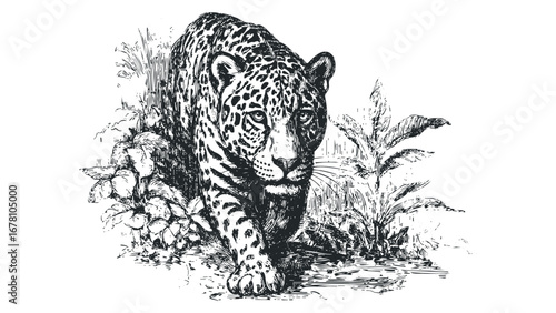 Black jaguar prowling through dense jungle foliage in detailed sketch. Vector hand drawn illustration